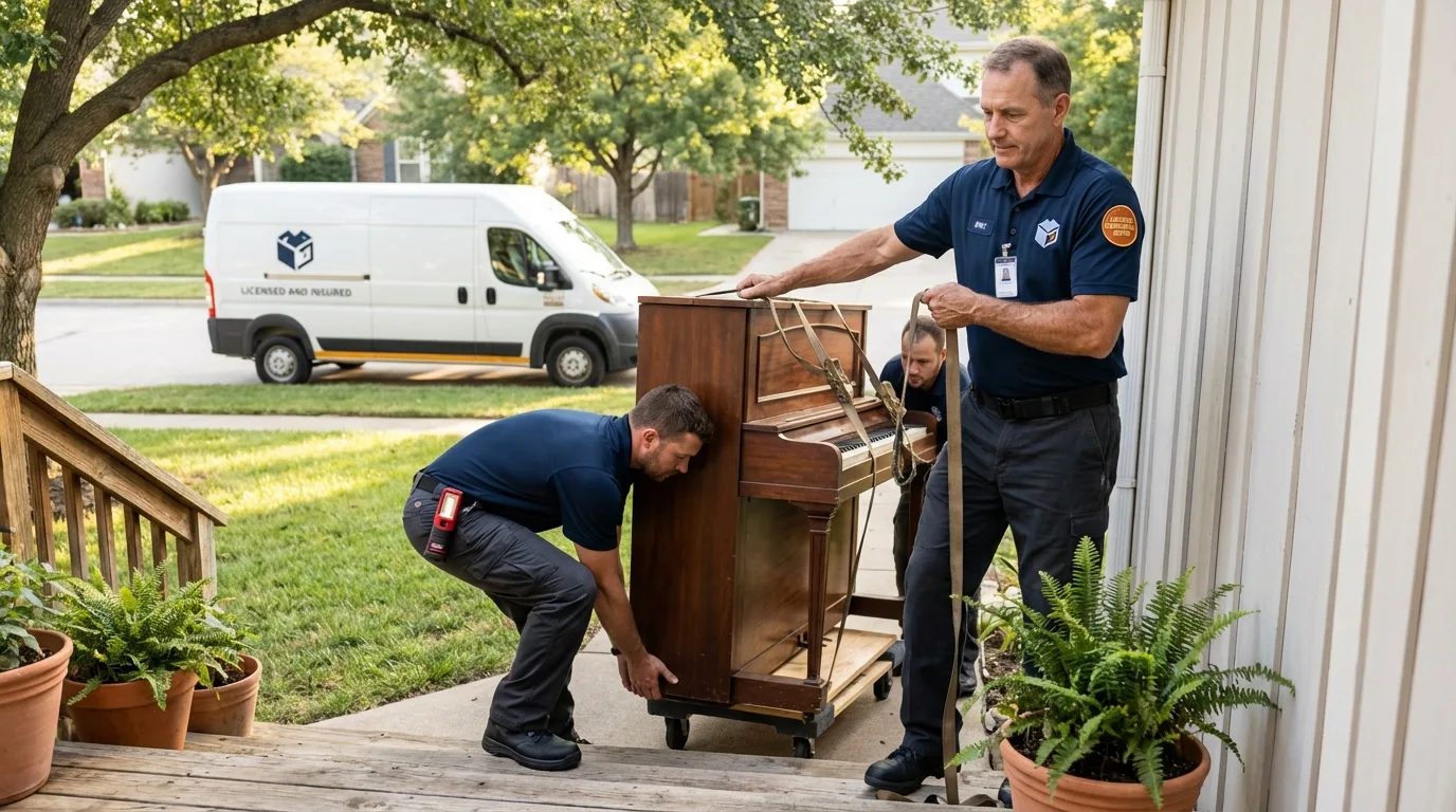 Licensed piano movers securing grand piano in Terrell, TX