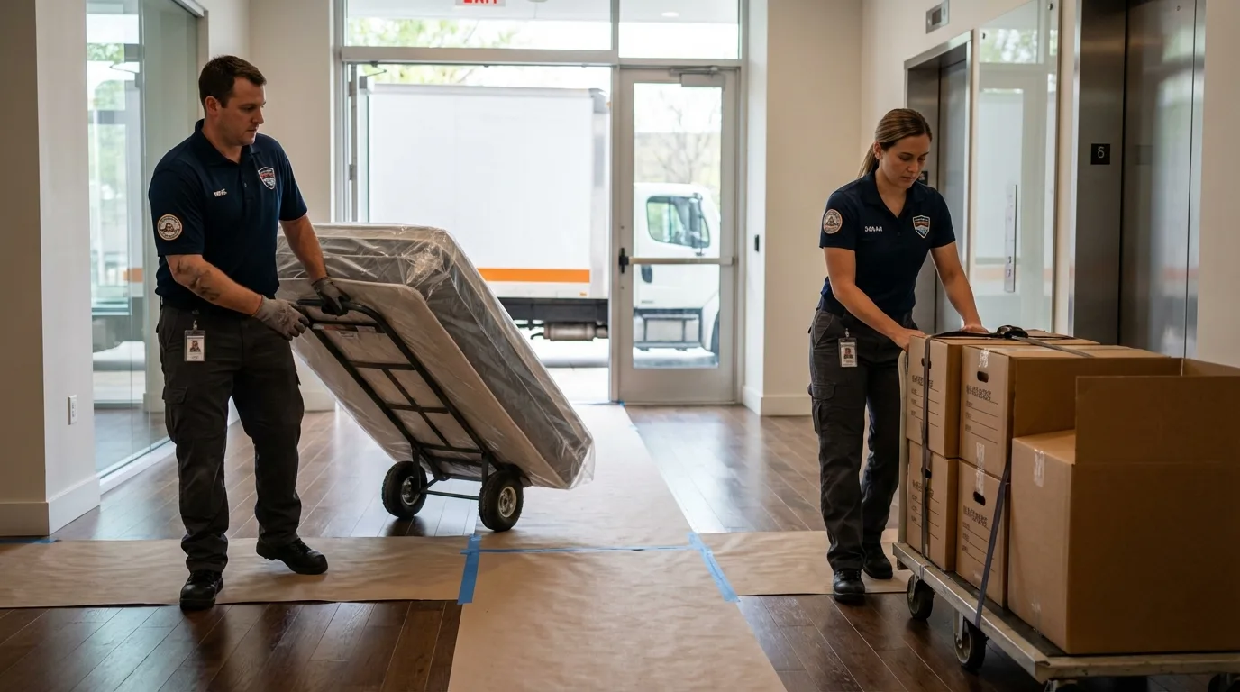 Professional apartment movers loading elevator in Terrell, TX